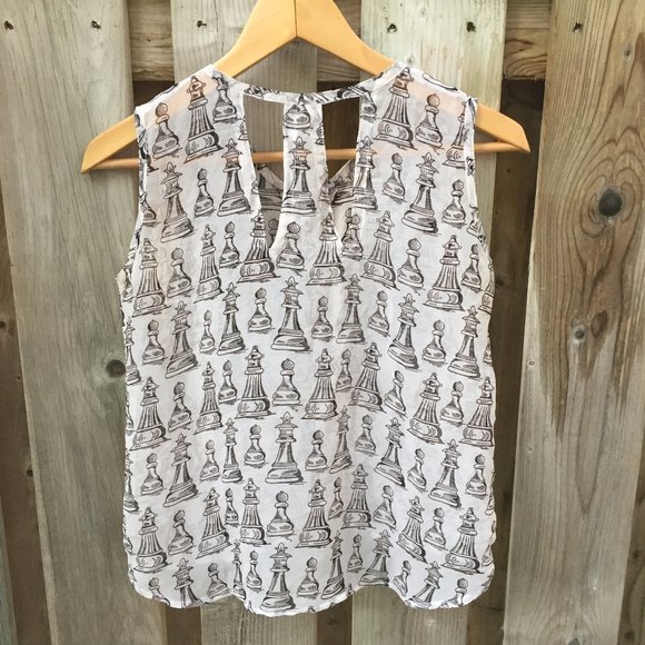 Chess print handmade sheer cream blouse - size S - Picture 4 of 5